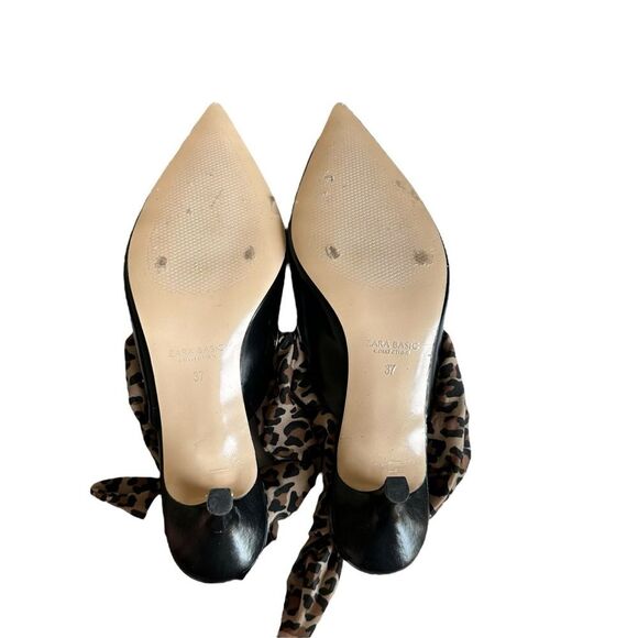 Zara Kitten Heel Pointy Slingback Leopard Scarf Black Leather Pumps Size 37 - Picture 10 of 11